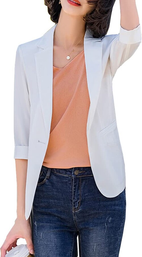 DISSA Women Casual Work Office Blazer White Solid Thin Half Sleeve