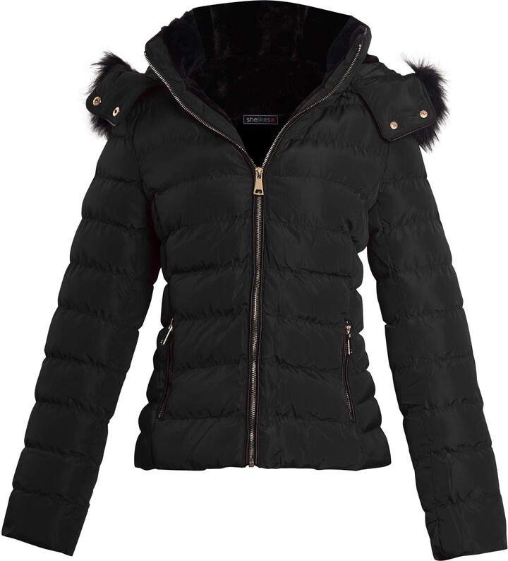 shelikes Womens Jacket Ladies Quilted Faux Fur Winter Coats With ...