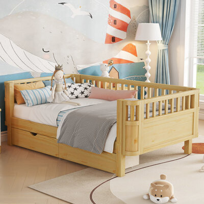 Twin Size Wood Platform Bed for Kids, Wood Low Profile Twin Bed with Rails for Girls and Boys, Natural
