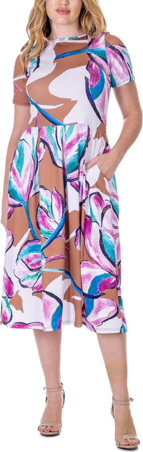 24seven Comfort Apparel Print Short Sleeve Pleated Flare Midi Pocket Dress