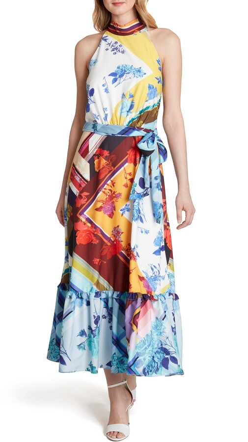 tahari printed halter maxi dress