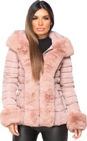 Thumbnail for your product : Wulux Womens Ladies Quilted Padded Side Buckle Belted Bubble Faux Fur Trim Collar Hooded Thick Puffer Winter Outerwear Parka Coat Jacket Pink UK Size L-12