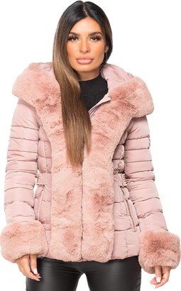 Wulux Womens Ladies Quilted Padded Side Buckle Belted Bubble Faux Fur Trim Collar Hooded Thick Puffer Winter Outerwear Parka Coat Jacket Pink UK Size L-12