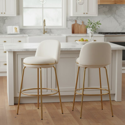 Mercer41 Rio Claro Indoor Metal Upholstered Barstools with Gold Frame, Low Back, Beige Set of 2