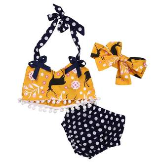 honeys Baby Girls 3pcs Swimwear Bikini Sets Halter Pom Top+Dot Bottom+Bow Headband (6-12months, )