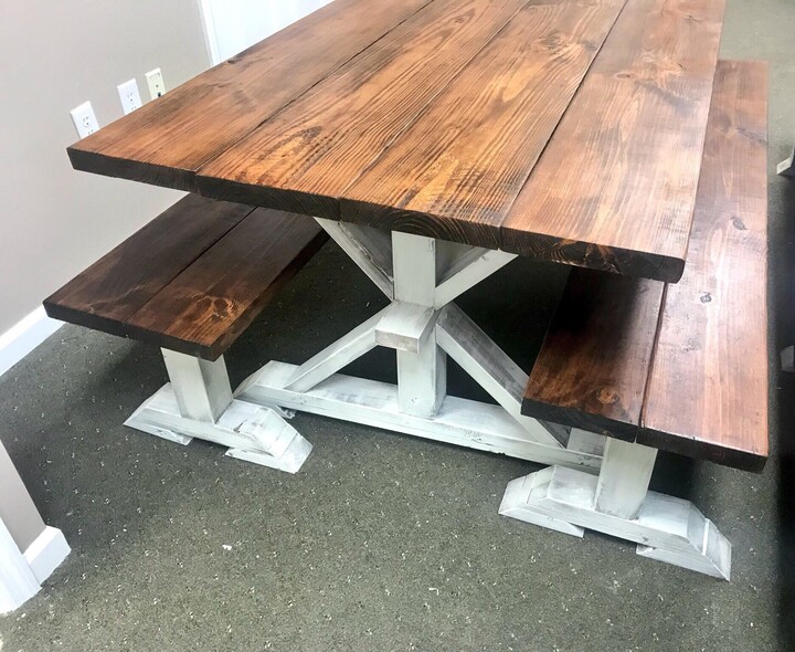 Etsy Trestle Farmhouse Dining Table Set Honey Brown Top, Distressed White Base