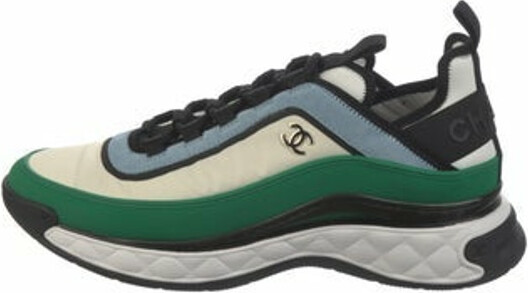 CHANEL Knit Suede Fabric Womens CC Sneakers 41 Green Dark Green