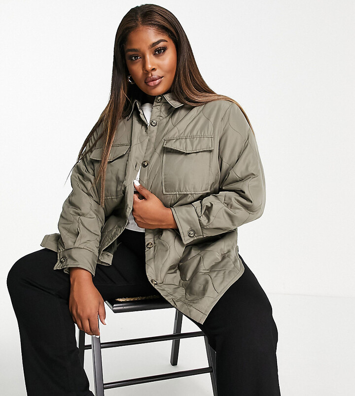 Vero Moda Curve quilted shacket in khaki - ShopStyle Jackets