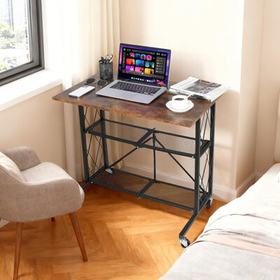 Trent Austin Design 31.5'' Foldable Desk with Wheels, 3-Tier No Assembly Rolling Cart with Wood Top & Side Baskets, Mobile Workstation for Study, Kitchen, Living Room