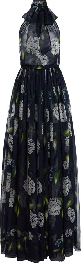 Porcelain Flowers Silk Chiffon Halter Gown