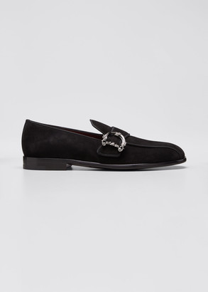 black suede loafers with gold buckle