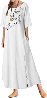 KIDSFORM Women's Maxi Dress Summer Short Sleeve Floral Casual Loose Dresses  Ladies Kaftans with Pockets White XXL - ShopStyle