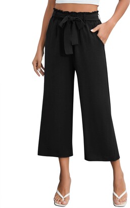 Clearlove Women Cropped Trousers Summer Plain Drawstring 3/4 Length Wide  Leg Capri Pant Culottes for Work Office Dark Green L - ShopStyle