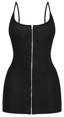 PrettyLittleThing Shape Black Brushed Rib Zip Front Bodycon Dress