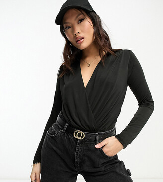 ASOS DESIGN Petite glitter mesh long sleeve bodysuit in black