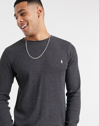 Polo Ralph Lauren lounge waffle long sleeve t-shirt in charcoal gray with  logo - ShopStyle