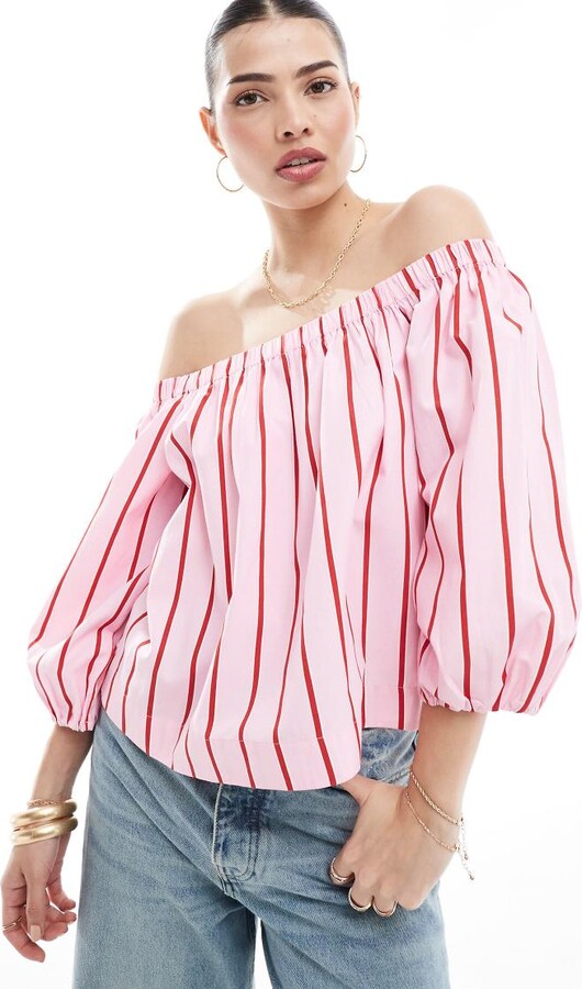 Stradivarius off shoulder top in pink stripe - ShopStyle