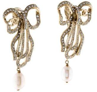 Chanel CC Faux Pearl Crystal Bow Earrings