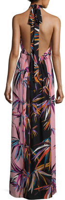 Emilio Pucci Printed Silk Keyhole Halter Gown, Black/Pink/Blue