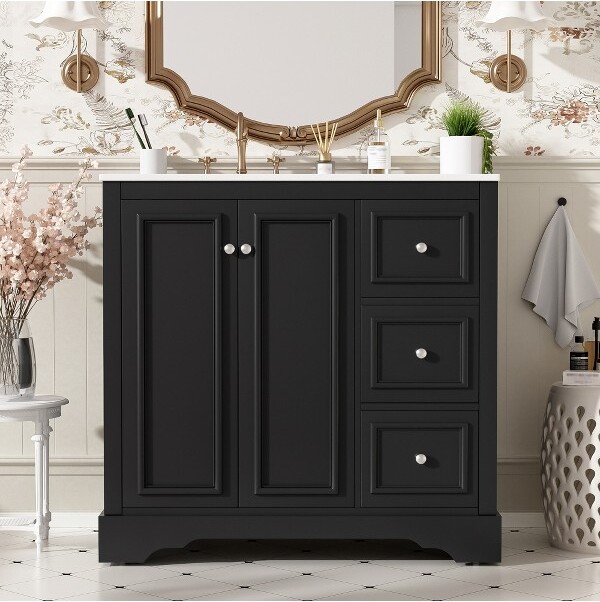 ModernLuxe 36"WBathroomVanitywithCeramicSink,BathroomSinkCabinetwith3Drawer,Soft-closeDoor&AdjustableShelf,Black