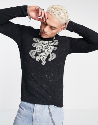 ASOS DESIGN skinny long sleeve T-shirt in washed black with skull front print