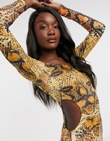 Thumbnail for your product : I SAW IT FIRST side cut out bardot maxi dress in orange snake