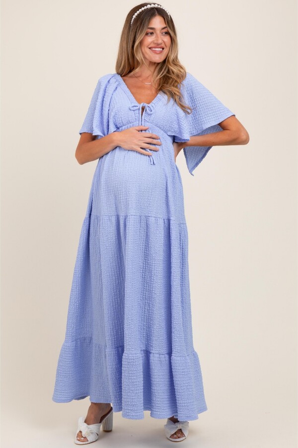 Pinkblush Light Blue Woven Textured Flutter Sleeve V-Neck Tiered