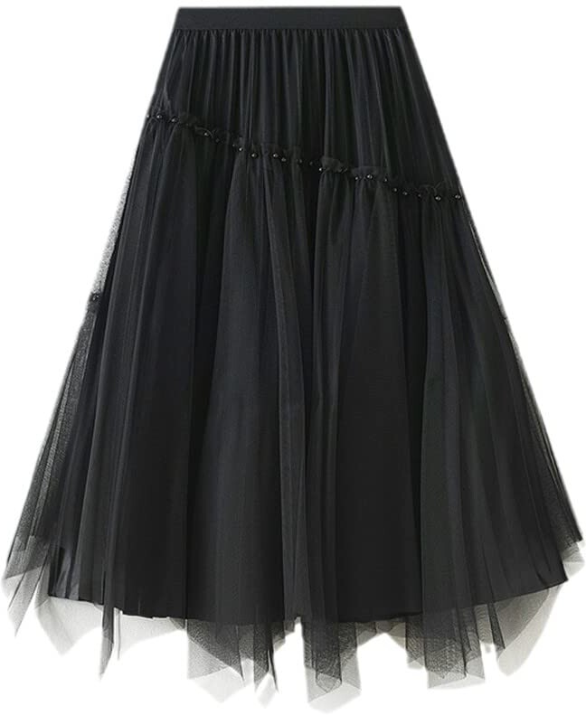 GTSFSJ Mesh Skirt Women's Spring Beaded Irregular High Waist Front and Back  Wear Mid-Length Gauze Skirt Black One Size - ShopStyle