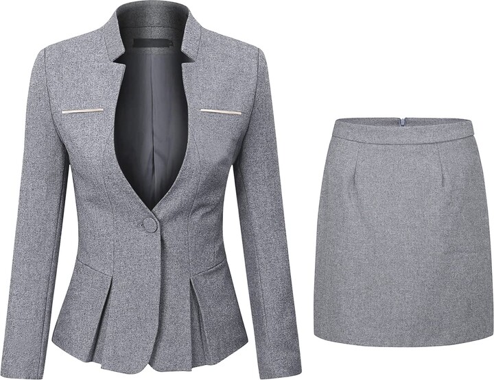 YYNUDA Women's Suit 2 Piece Slim Fit One Button Blazer Jacket Office Work  Trouser Suits Skirt Suits Grey L - ShopStyle