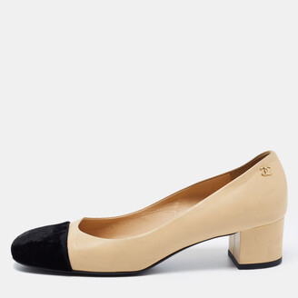 Chanel Beige/Black Leather And Velvet Cap Toe Mid Block Heel Pumps Size  38.5 - ShopStyle
