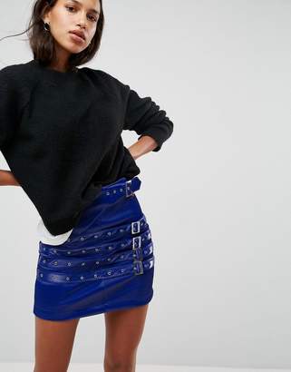 ASOS DESIGN Leather Look Mini Skirt with Buckles