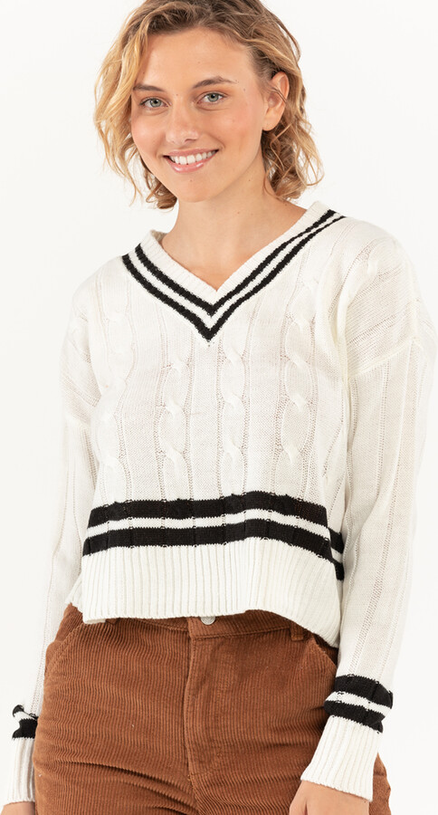 FULL CIRCLE TRENDS Cable Knit V Neck Womens Varsity Sweater - ShopStyle