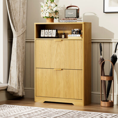 Corrigan Studio Tall Free Standing Shoe Cabinet With 2 Flip Drawers For Entryway And Hallway Storage Space-Saving Design.