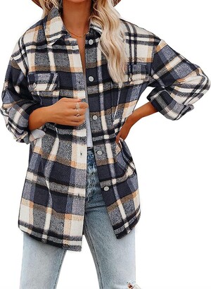 KCatsy Womens Shacket Overshirt Plus Size Jacket Duffle Plaid Tweed Tartan  Gingham Button-Down Flap Pocket Windbreaker Shirt Coat(B Blue Black -  ShopStyle