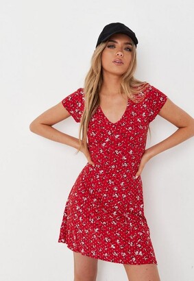 Missguided Red Floral Print V Neck Skater Dress - ShopStyle