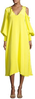 Tibi Edwardian V-Neck Frill-Trim Silk Midi Dress, Yellow