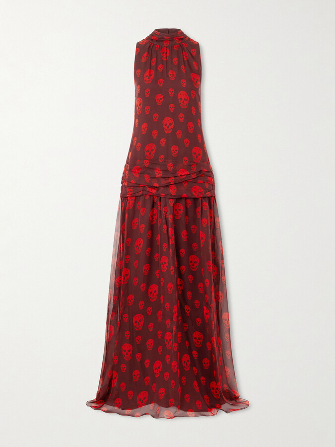 Alexander McQueen Draped Pleated Printed Silk-chiffon Halterneck Maxi Dress - Red