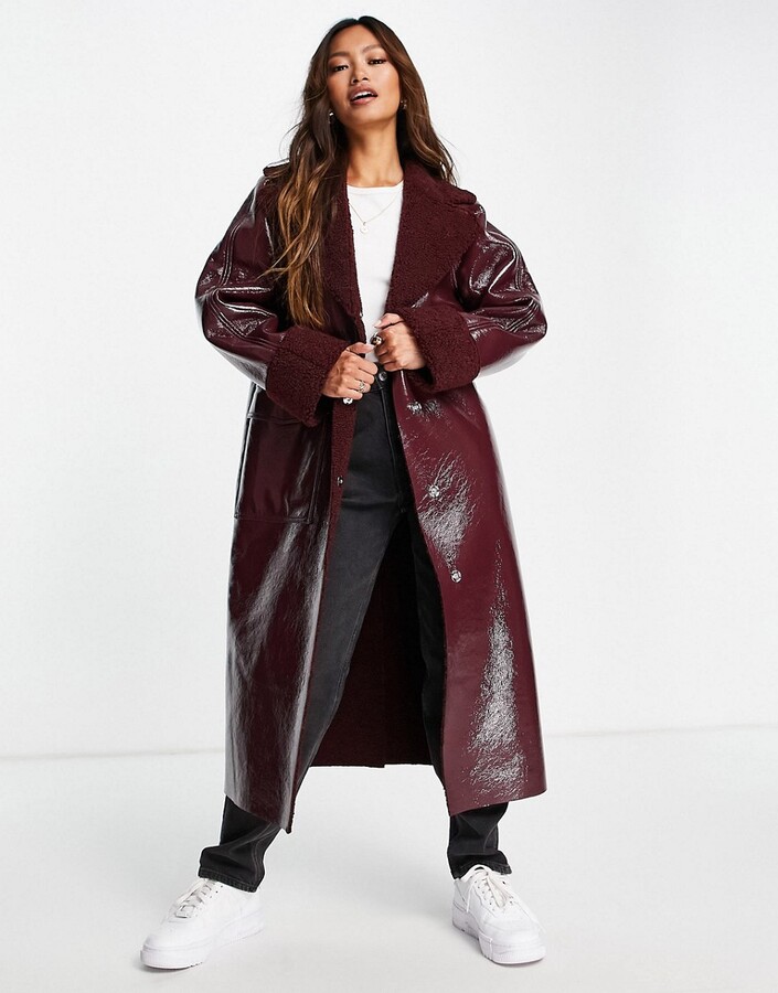 Topshop vinyl & sherpa long coat in burgundy - ShopStyle