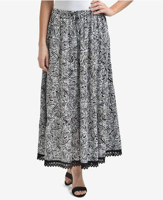 NY Collection Printed Tiered Crochet-Trim Midi Skirt