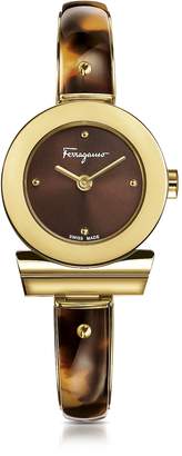 Ferragamo Gancino Gold IP Stainless Steel and Brown Acetate Women's Watch w/Brown Dial