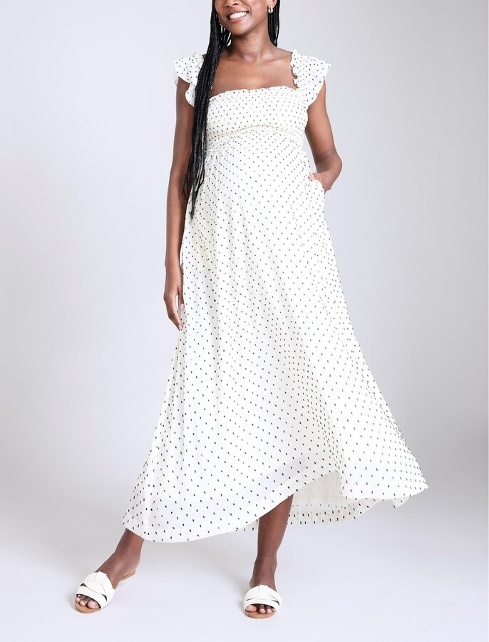 Motherhood Maternity Women's Sleeveless Ruffle Shoulder Smocked Maxi Dress White black polka dot