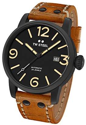 TW Steel Maverick Unisex Automatic Watch with Black Dial Analogue Display and Brown Leather Strap MS35