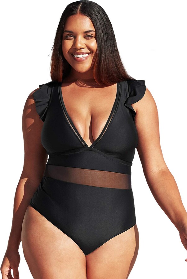CUPSHE Women Plus Size Swimsuit One Piece V Neck Ruffle Mesh Bathing Suit  Swimming Costume Tummy Control Black XXL - ShopStyle