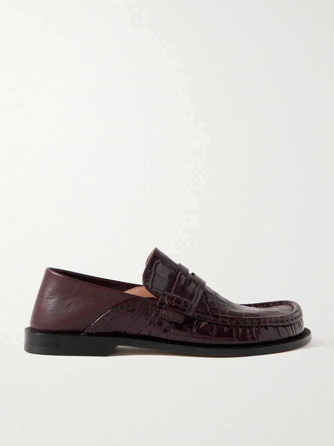 Loewe Campo Collapsible-heel Croc-effect Leather Loafers - Burgundy