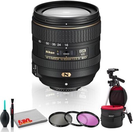 Nikon International Nikon AF-S DX NIKKOR 16-80mm f/2.8-4E ED VR Lens with Cleaning Kit, Filter Kit, Padded Lens Case, and Tripod (Renewed)