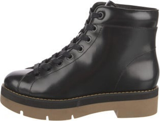 Alexander Wang Patent Leather Ankle Combat Boots Black Round-Toes Platform Lace-Up Closure at Uppers