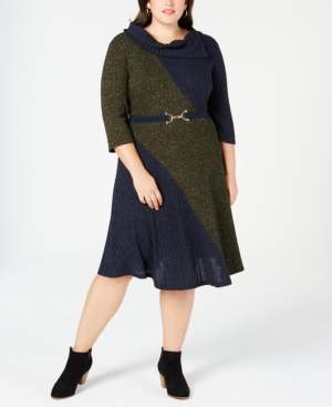 Robbie Bee Plus Size Belted Colorblocked Sweater Dress