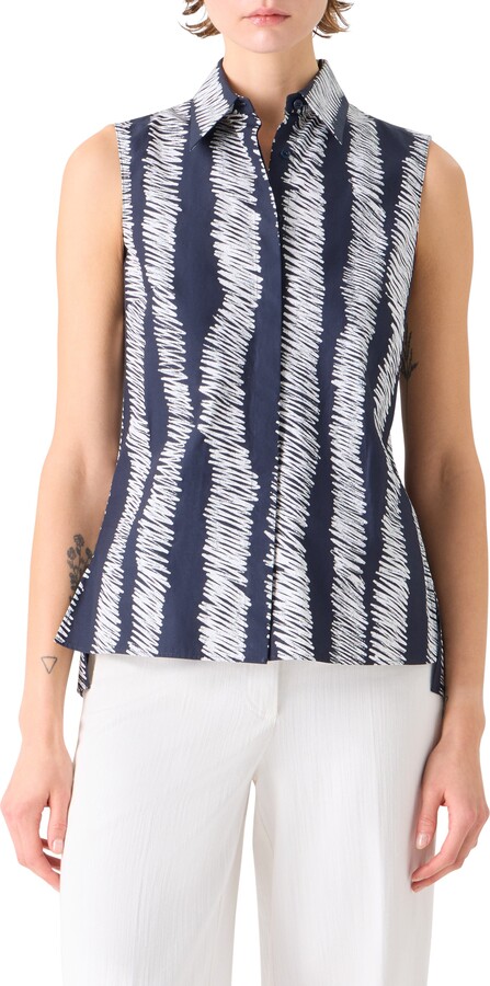 Akris Punto Scribble Wave Print Sleeveless Cotton Poplin Button-Up Shirt