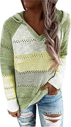 DIYAGO Hoodie for Women UK Plus Size Long Sleeves Stitching Color Block Striped Hollow Drawstring Loose Fashion Casual Sweet Sweatshirts Tops Pullover Green