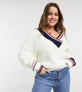 Thumbnail for your product : ASOS DESIGN Curve V-neck jumper in mixed stripe in cream